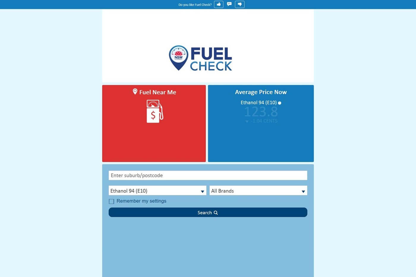 Interface Fuel Check pour comparer les prix du carburant en Australie