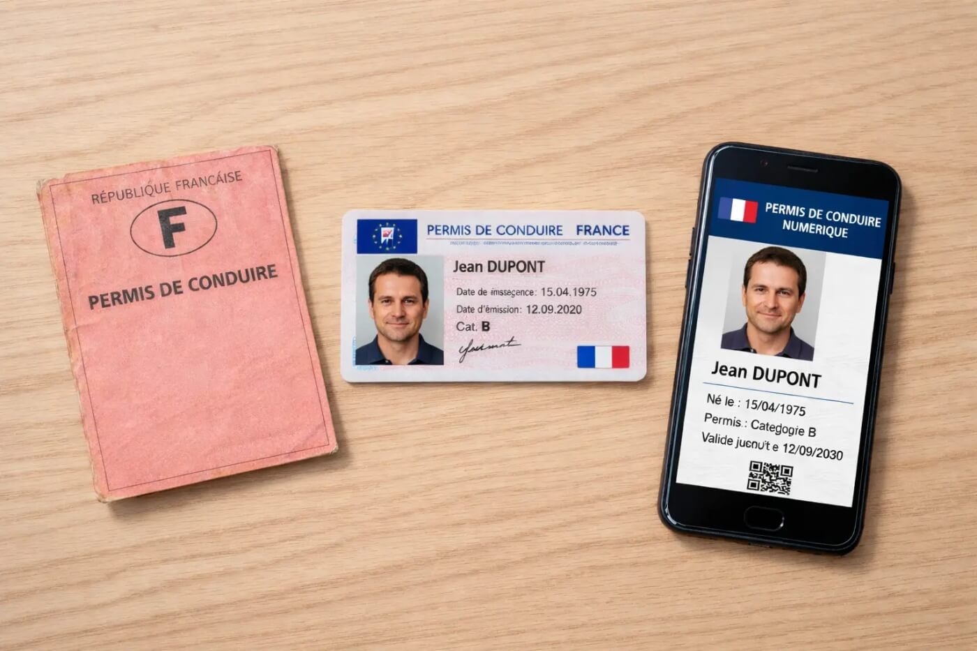 Permis de conduire français en trois formats : ancien livret rose, carte et version numérique