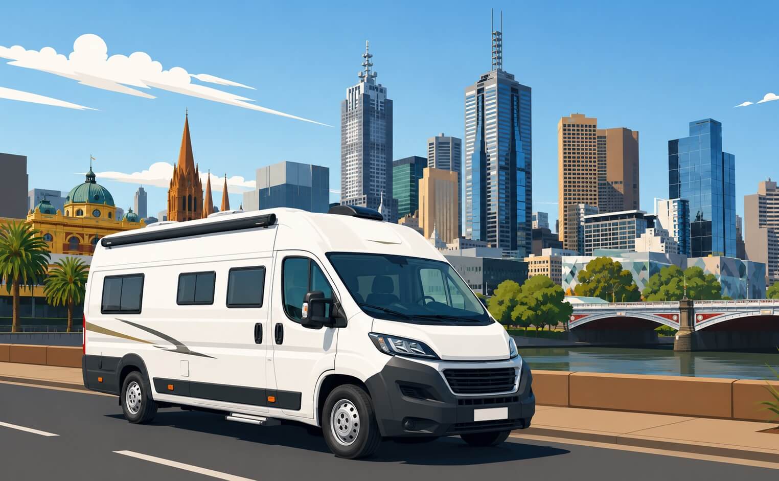 Van aménagé de location devant les gratte-ciel de Melbourne, en Australie.